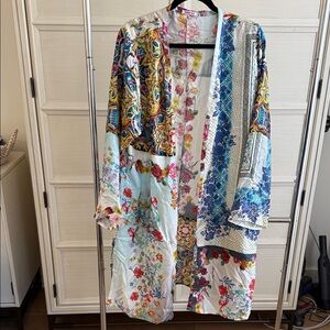 Johnny Was Silk Multicolor Floral & Tile Print Open-Front Duster